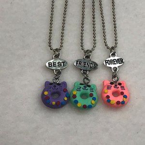 Best Friend Forever Cartoon Cat Doughnut Pendant Necklace 3PC Set BFF